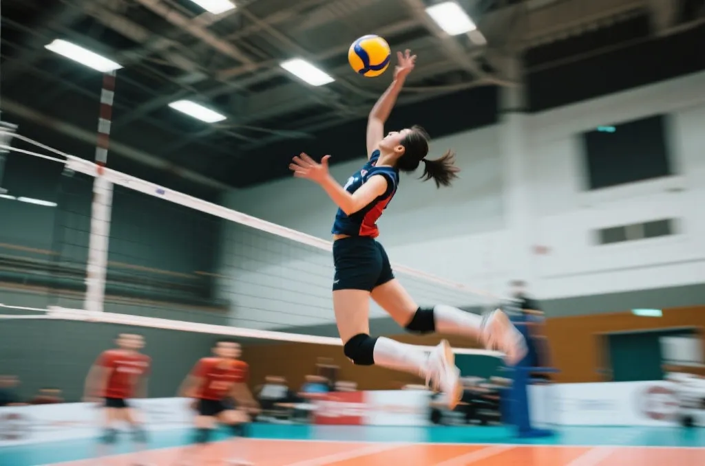An action shot of a volleyball match, a player in mid-air spiking the ball over the net, generic indoor sports arena, dynamic motion blur, editorial sports photography