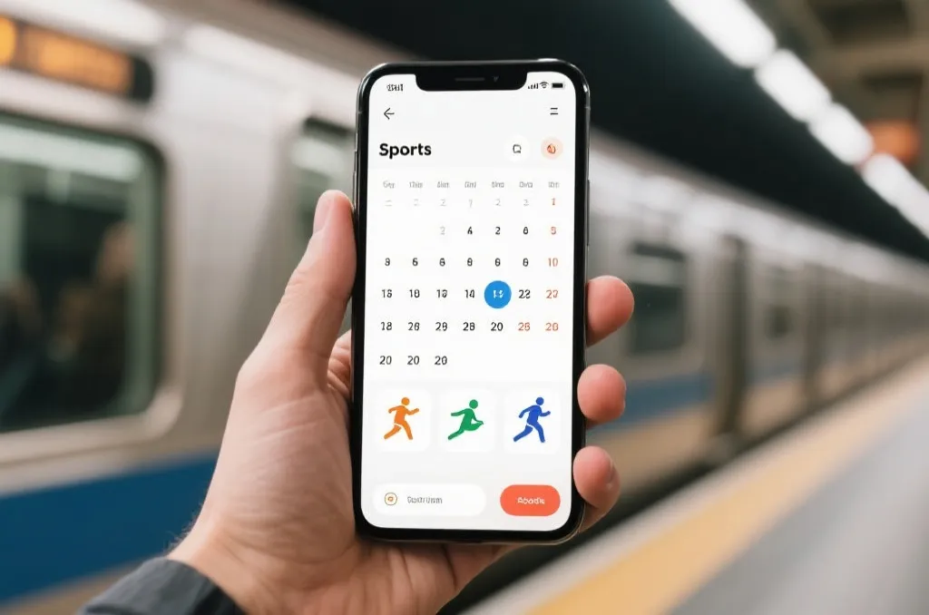 A clean modern smartphone screen displaying a sports calendar app with stylized icons, held by a hand on a blurred background of a transit train